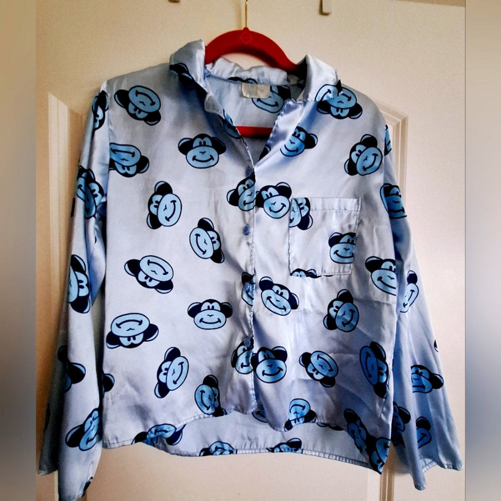 Silky Blue Monkey Pajama Set- S/M